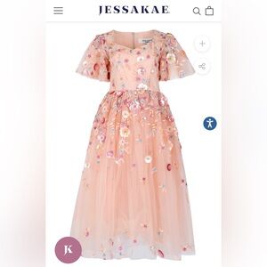 Pink dress with floral blossoms.